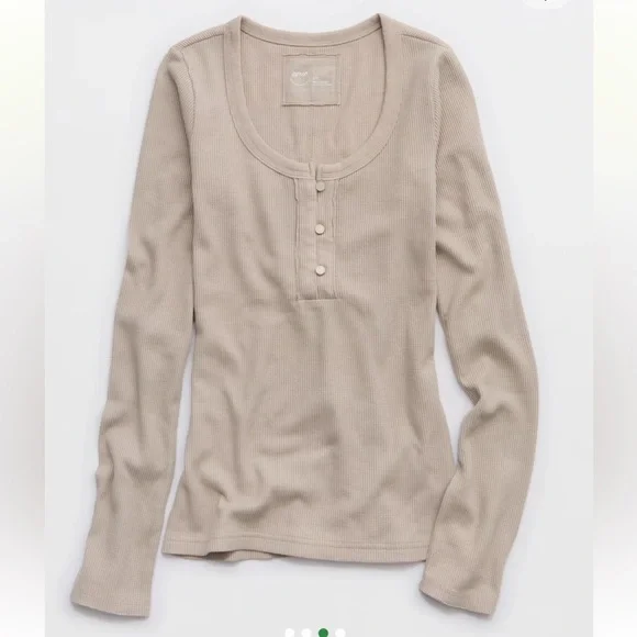 Aerie Essential Henley Layering T-Shirt Long Sleeve Taupe Tan S - Picture 1 of 9